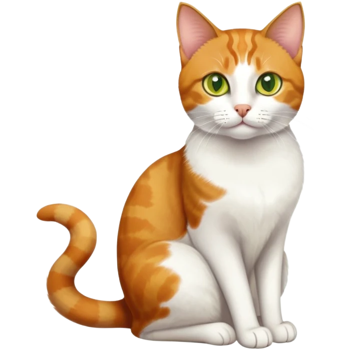 A mix breed cat (domestic shorthair and Arabian mau) sitting, with white fur, three ginger spots on its back, a ginger tail, and yellow-green eyes emoji