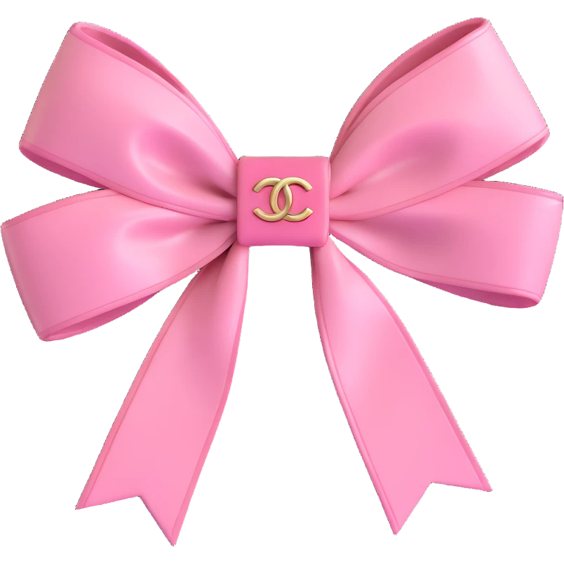 elegant pink bow with Chanel logo, glossy emoji
