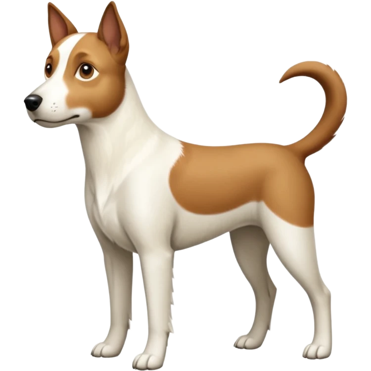 a full body large white parson russell looking dog the size of a kelpie with light brown flapped down ears and a light brown patch on one eye and a large snout emoji