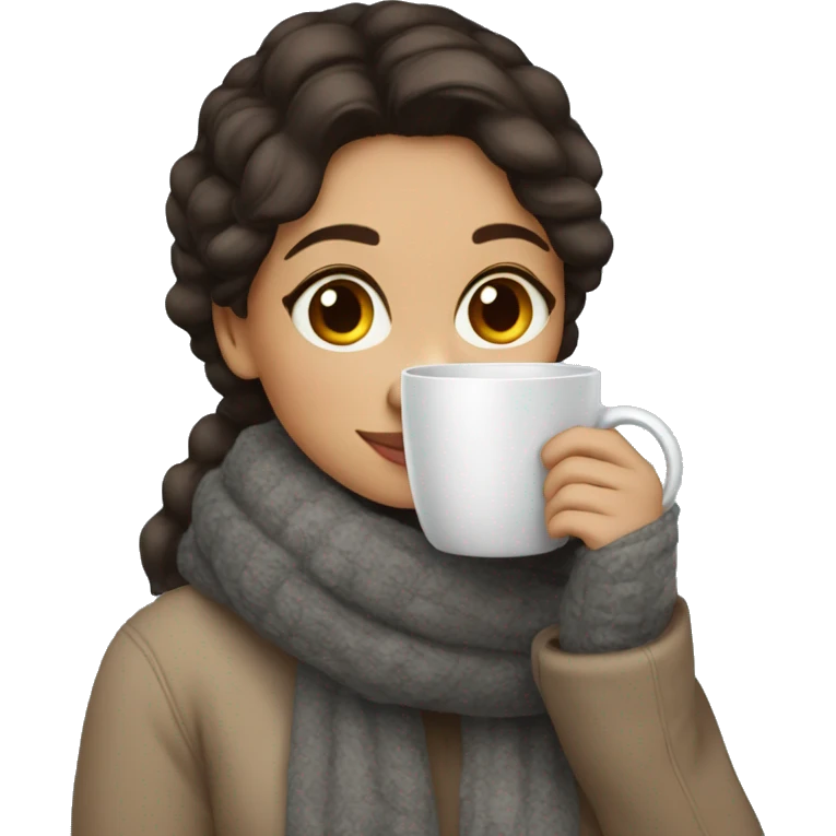 Cozy brunette girl with a cup of Coffee in winter emoji