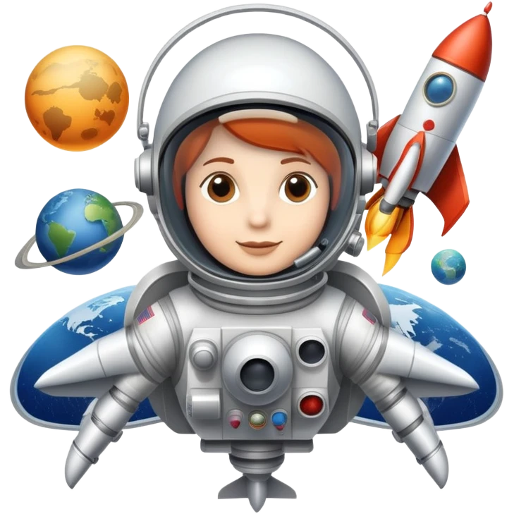 An icon featuring a rocket, a satellite, and an space helmet, symbolizing aerospace technology. The design includes a spaceship, control panels, and orbiting satellites, representing space exploration and aircraft engineering. Transparent background highlights the innovation in aeronautic emoji