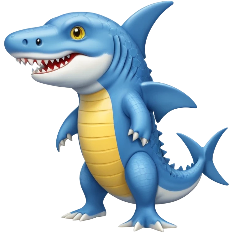 Appearance: The character is predominantly blue with a lighter belly and yellow eyes.
Features: It has large teeth, a shark-like fin on its back, and a tail.
Attire: The crocodile is wearing a pair of light blue and white sneakers.
Pose: It is standing upright on its hind legs. emoji