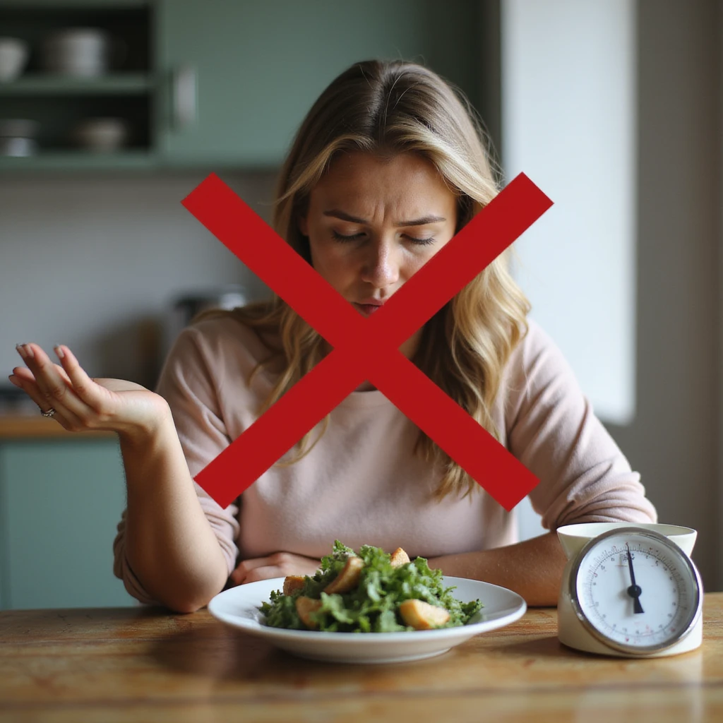 adult woman, photorealistic, sitting at table with plate of salad and kitchen scale, large red X over scale, desperate expression, natural light, kitchen background, concept of diet not working emoji