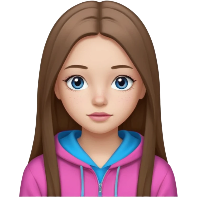 Create a TEENAGE girl with LONG and straight light brunette hair with a middle part, light skin, light freckles, and blue-gray eyes. She will have pink lips and LONG eyelashes. She will be wearing a black hoodie emoji