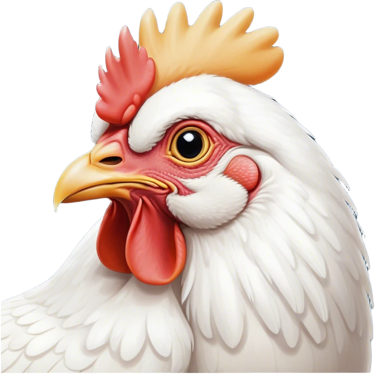 Cinematic Noble White Chicken Portrait Emoji, Poised and regal, with a compact, sturdy build and a pristine, well-groomed pure white plumage, deep-set soulful beady eyes, Simplified yet sharp and sophisticated features, highly detailed, glowing with a soft, dignified glow, high shine, intelligent and alert, stylized with an air of barnyard elegance, focused and attentive, soft glowing outline, capturing the essence of a watchful and confident fowl, so majestic it feels as though it could strut out of the screen with effortless authority! emoji