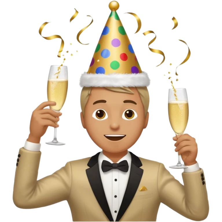 An energetic man throws his head back, drinking champagne loudly as the New Year begins. emoji
