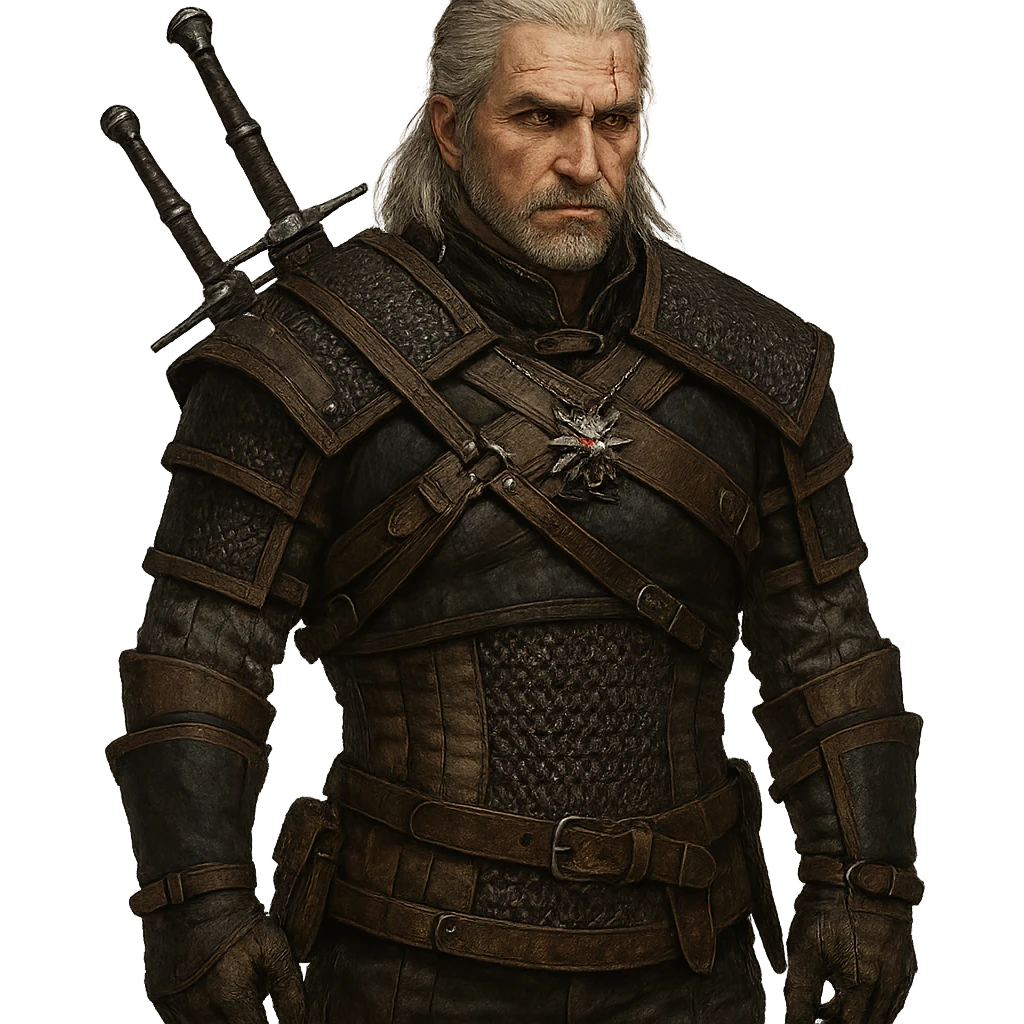 Witcher character in the style of The Witcher series, with a wolf medallion. emoji