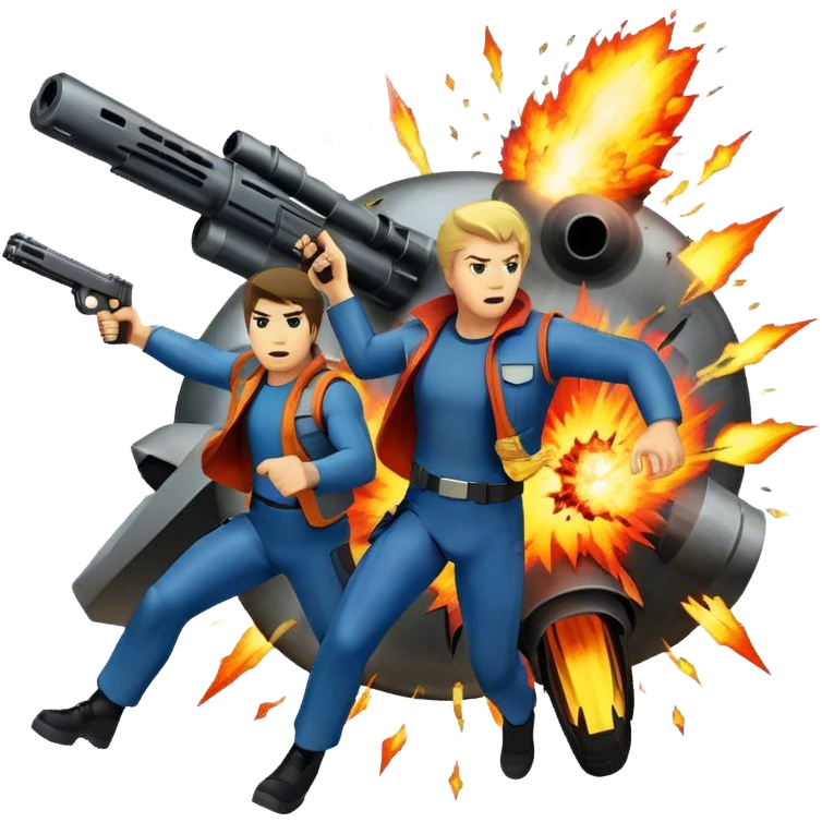 Icon for Action Movies Collage: Collage of iconic action movie elements, including explosions, a hero with weapons, a high-speed chase, and dramatic fight scenes. The design should be dynamic, colorful, and full of energy, capturing the essence of action films. Transparent background. emoji