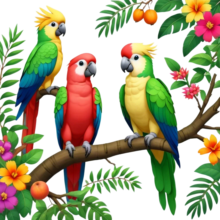 Close-up collage of vibrant Ara parrots and Inca cockatoos sitting on tree branches, surrounded by lush greenery. Bright colors of the birds stand out against a natural, sunny background of trees, flowers and fruits. Transparent background. emoji