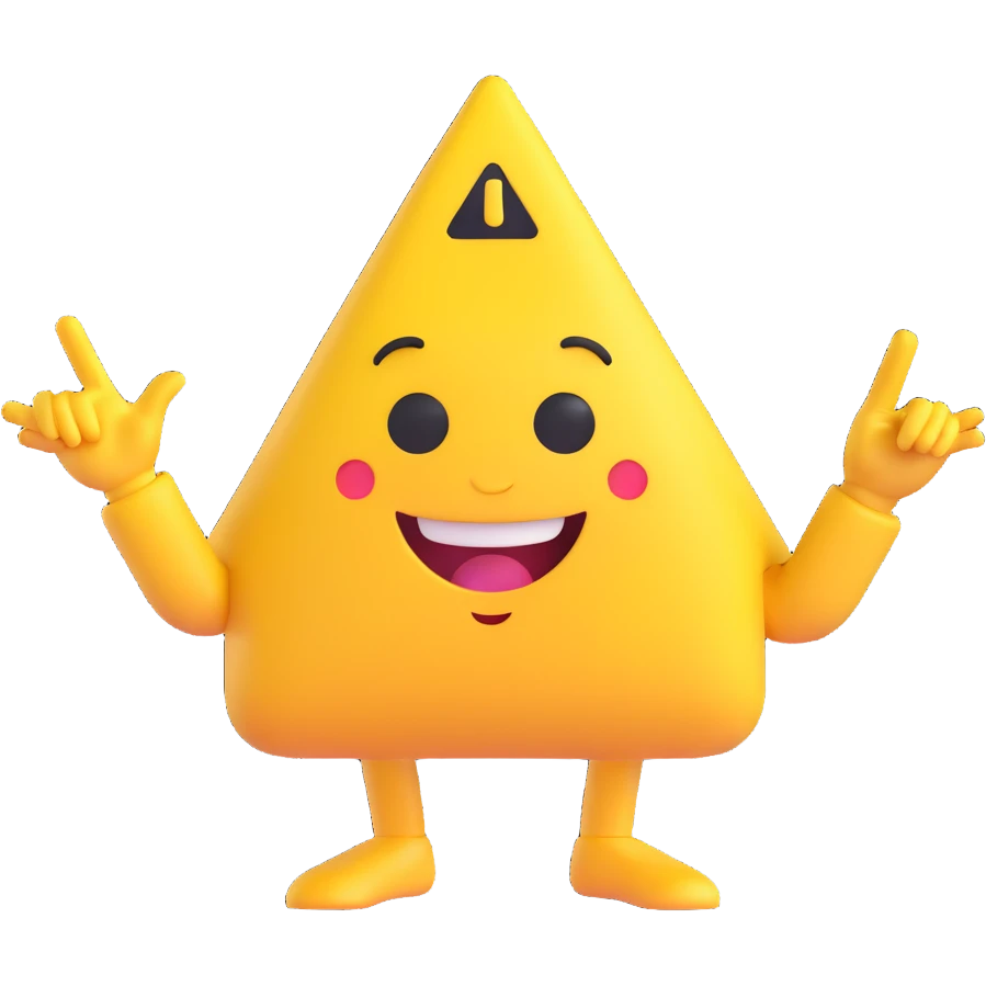 A 2D cartoon-style yellow emoji with a mischievous smile, triangle-shaped eyes, and both hands pointing upward with index fingers.  clean digital style, and a fun, dancing expression. Style similar to children’s drawing tutorials, dancing expression. No background, isolated on white.  emoji