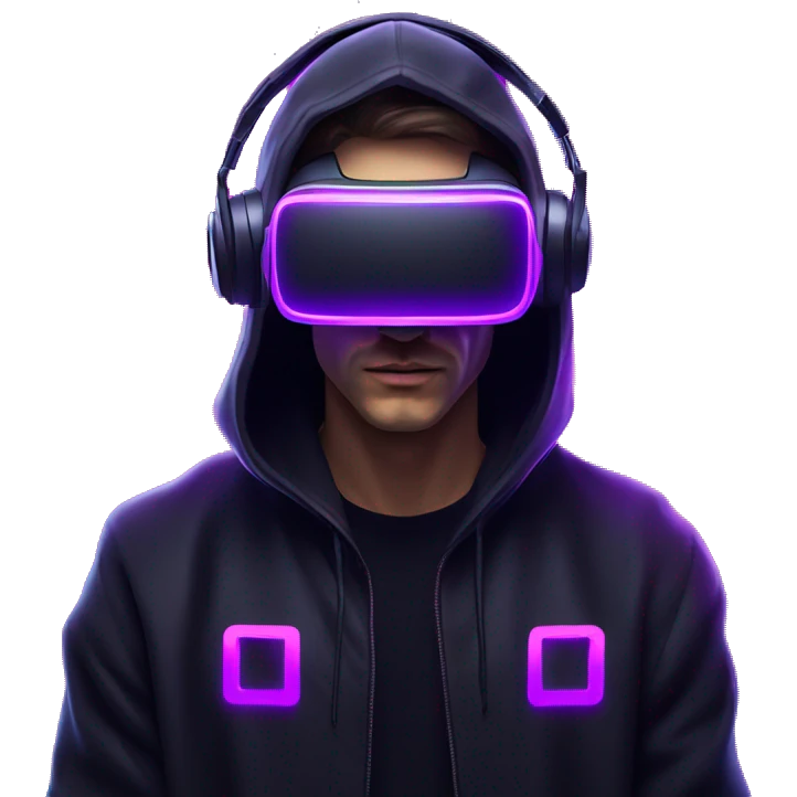 Russian man wearing a black hoodie with "OMG" letters on it and VR headset in a cyberpunk VR environment with violet neon lighting. emoji
