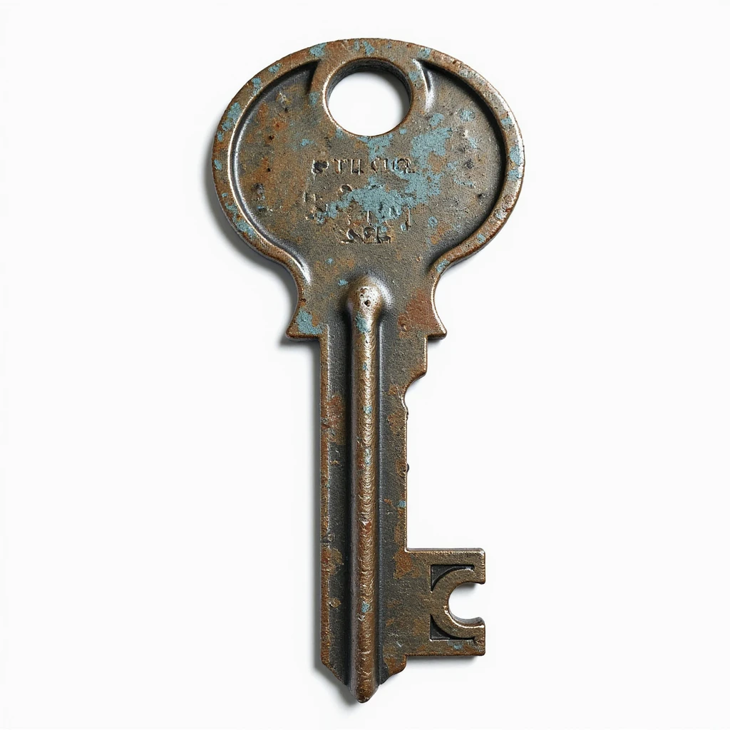 90s grunge style key, aged metal, classic vintage shape, realistic details, isolated on white background, hyperrealistic, 4K, variant 4 emoji