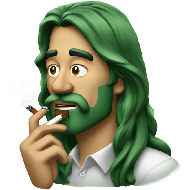 long haired man smoking a backwoods filled with dyed green tobacco with the backwoods in his mouth emoji