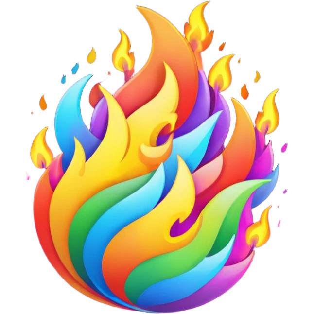 A fire emoji with the colors of the pride flag emoji