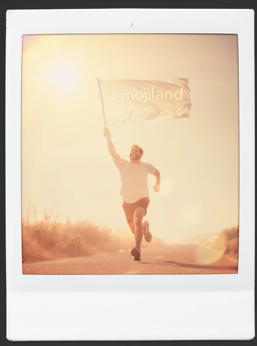 happy runner waving a flag that says 'emojiland' emoji