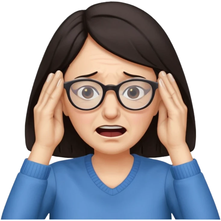 middle aged woman with dark hair and glasses covering her ears, wincing in pain because the sound is terribly loud and hurting her ears emoji