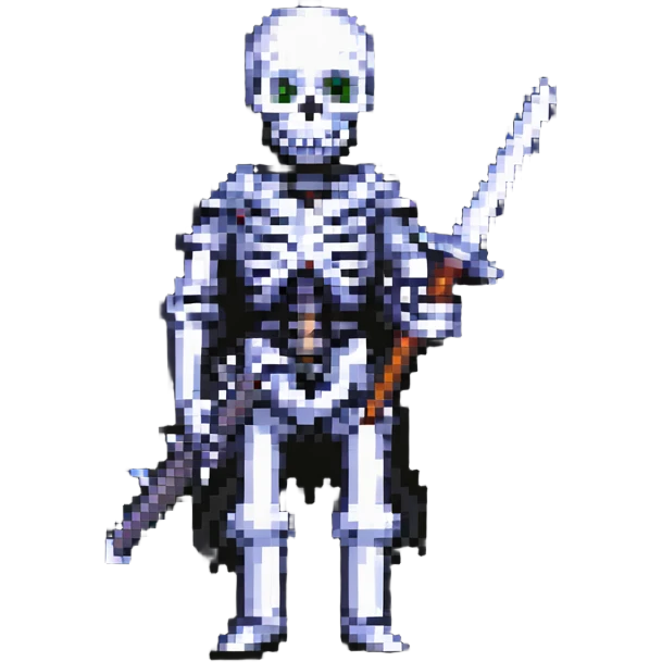 pixel art skeleton with a raised sword, classic RPG vibe emoji
