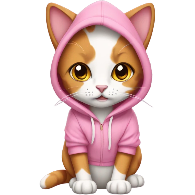 A calico cat wearing a pink hoodie emoji