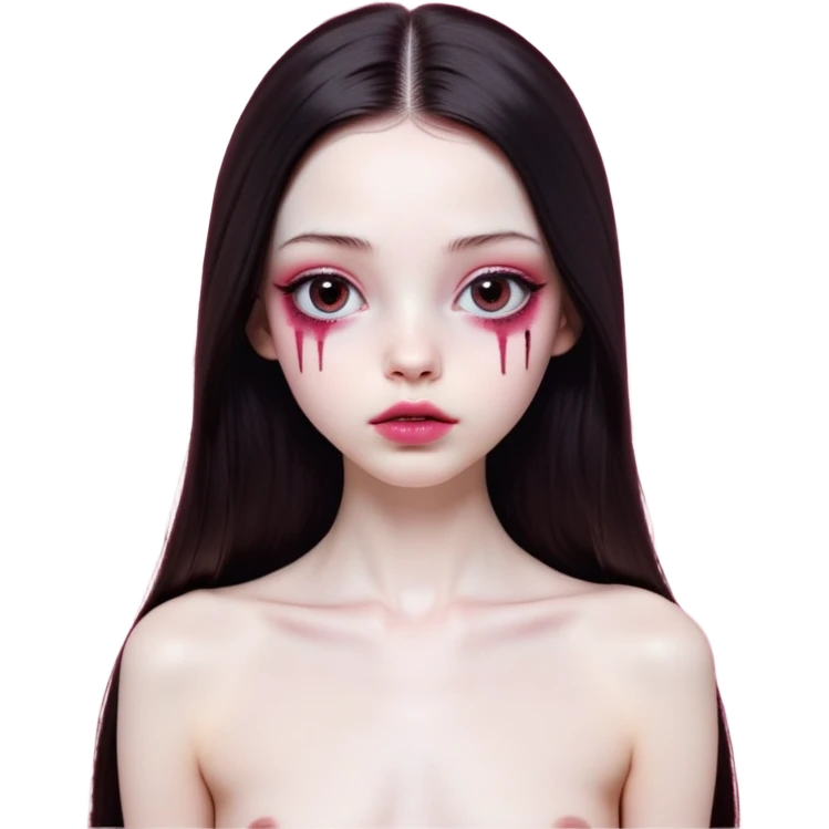 girl with white skin, dark brown long realistic straight hair with middle part prominently falling in front of her body over her shoulders, lips with reddish-pink shiny lip gloss and absolutely no cupid's bow, simple big round eyes with very black shiny eyeballs with no makeup at all, completely bare natural eyes, no colored eyelids, no eyeshadow, no eyeliner, natural eyelashes, light pink blush on cheeks, lighter button nose, exceptionally elongated very long oval-shaped face, wearing a pink off-shoulder top, looking directly at camera with hands down at sides emoji
