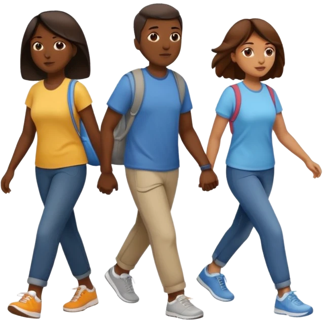 iOS emoji style - a dark men and 2 brown women in casual clothes and wearing trainers. Walking in the same direction quickly together. 
Not holding hands. No backpacks. 
 emoji