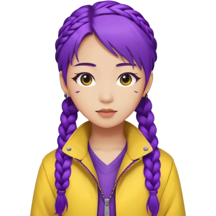kpop hunters Rumi purple hair asian, yellow jacket and hair one large braid emoji