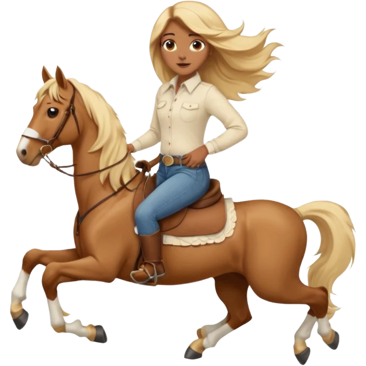 Brown girl with very long blonde/gold hair that’s blowing in the wind wearing a cream colored collared long sleeve shirt and jeans with brown boots on top of a brown horse with 4 legs emoji