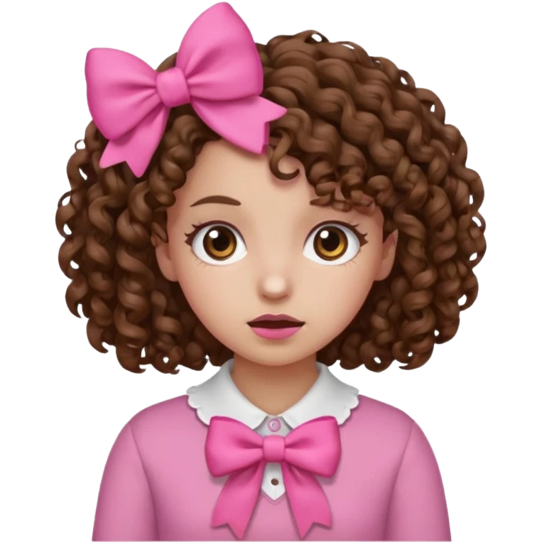Curly hair girl, Pleading Face emoji, using pink bow emoji