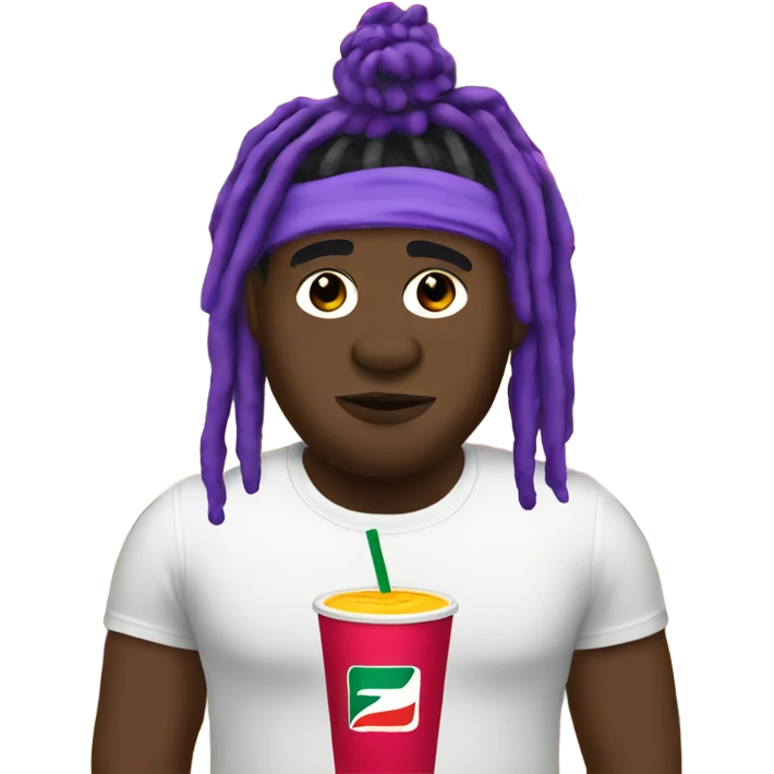 black fat man with purple drink in 7 eleven cup and shoulder length dreads emoji