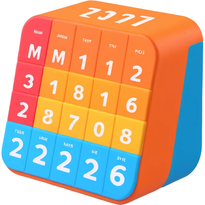 3D calendar, playful style, bright colors, rounded corners, minimalistic numbers emoji