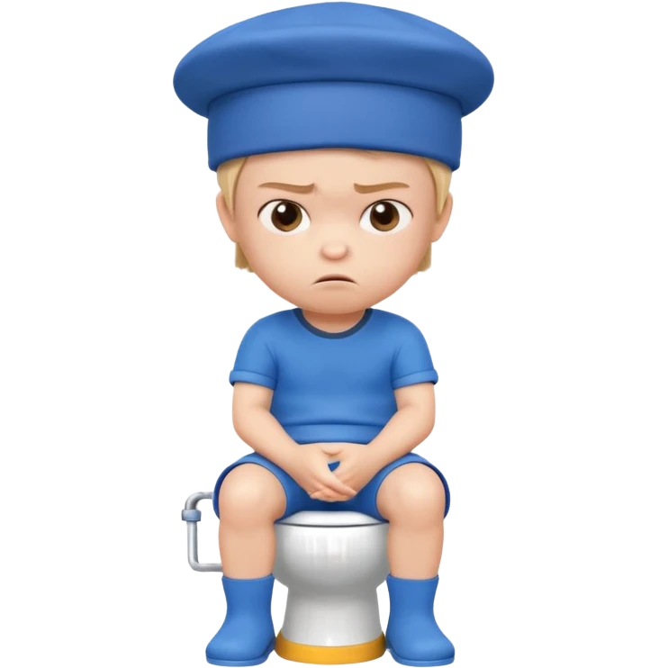 3D cartoon child character in blue outfit and blue hat, sitting on a toilet, looking angry with crossed arms, pastel background, preschool animation style." emoji