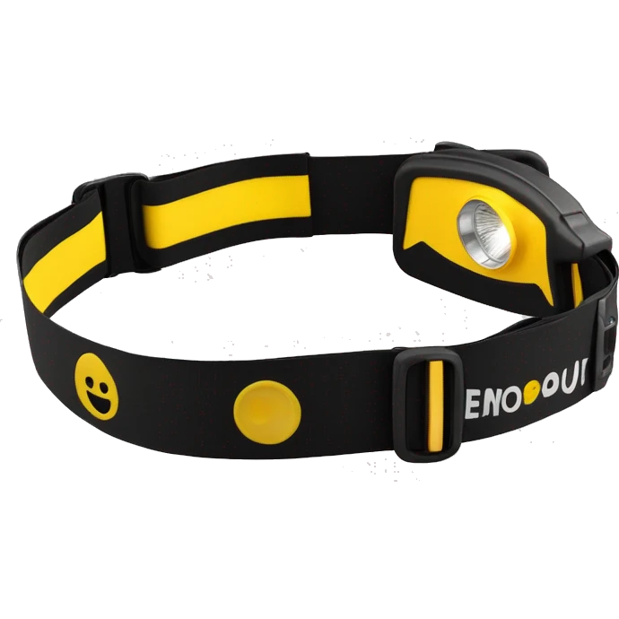 Sleek LED headlamp with 230° illumination, black with yellow accents, adjustable strap, and a slim, curved design. Shown on a neutral background. emoji