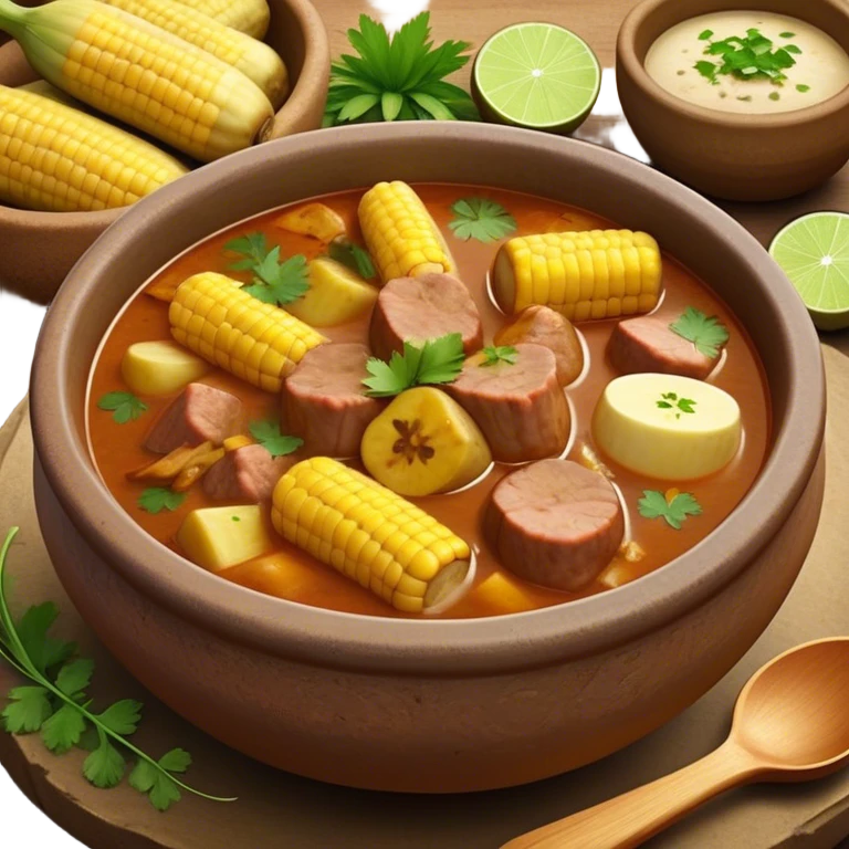 Cinematic Realistic Sancocho Antioqueño Emoji, depicting a hearty Colombian stew brimming with tender cuts of meat, yuca, plantains, corn on the cob, and potatoes in a rich, flavorful broth. Served in a rustic clay bowl with fresh cilantro and lime on the side, rendered with warm, inviting textures and homely, comforting lighting. emoji