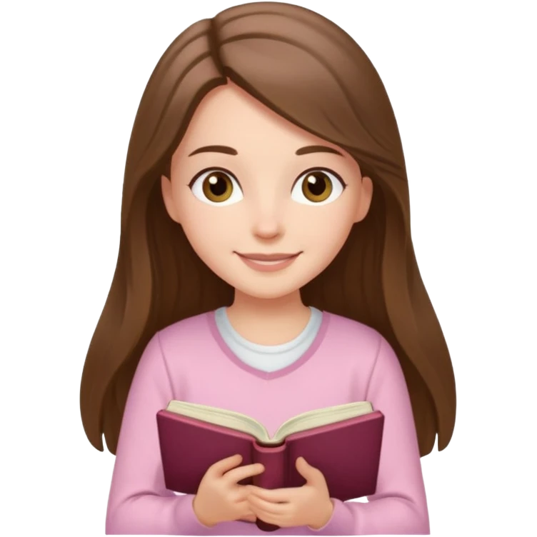 happy white long brunette hair girl with hazel eyes wearing light pink reading a book  emoji