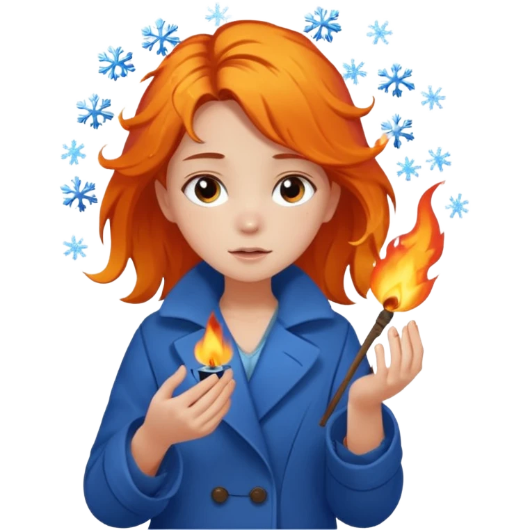 A barefoot girl in a tattered blue coat, cupping a tiny flame gently while snowflakes fall on her hair.
 emoji