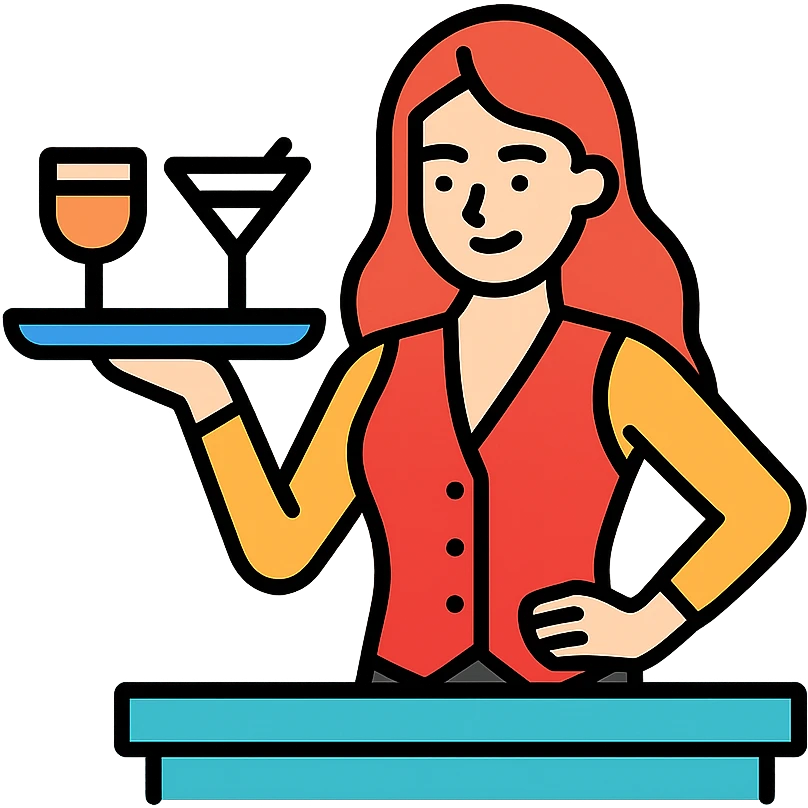 icon of a stylish barmaid with long hair, serving drinks, confident pose, trendy icon design, color outlined emoji