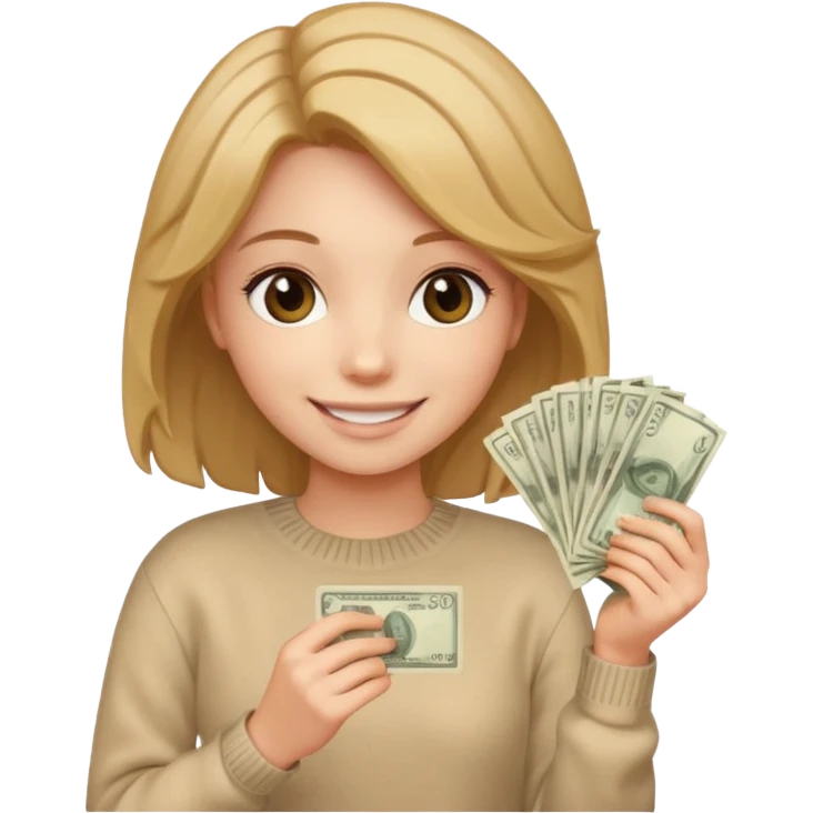 girl with rummy hair in beige sweater happy with money in hands emoji
