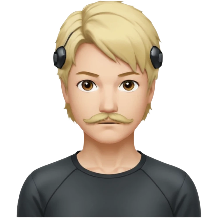 Style : Manga détaillé façon Metal Gear Solid — lignes nettes, ombres douces, couleurs vives. Personnage : cache-œil noir à gauche, cheveux blonds mi-courts avec côtés foncés, yeux marron, moustache fine, sweat clair.  emoji