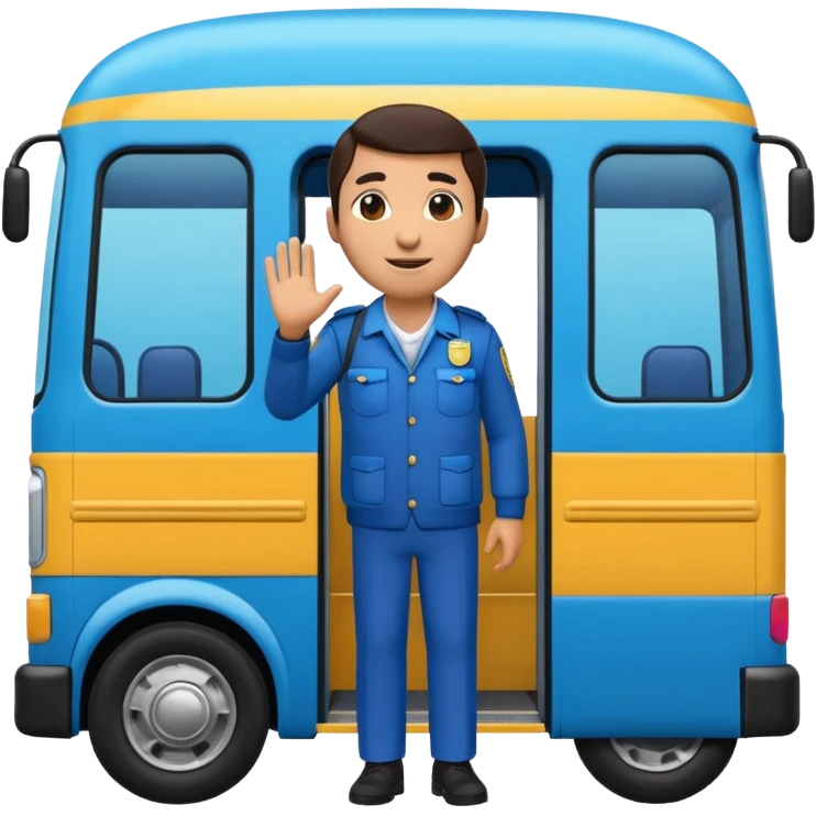 3D emoji of a Peruvian bus fare collector (“cobrador”), leaning out of a urban blue bus. door calling passengers, dynamic pose, urban street vibe, vibrant colors, bold outlines, sticker illustration, transparent background emoji