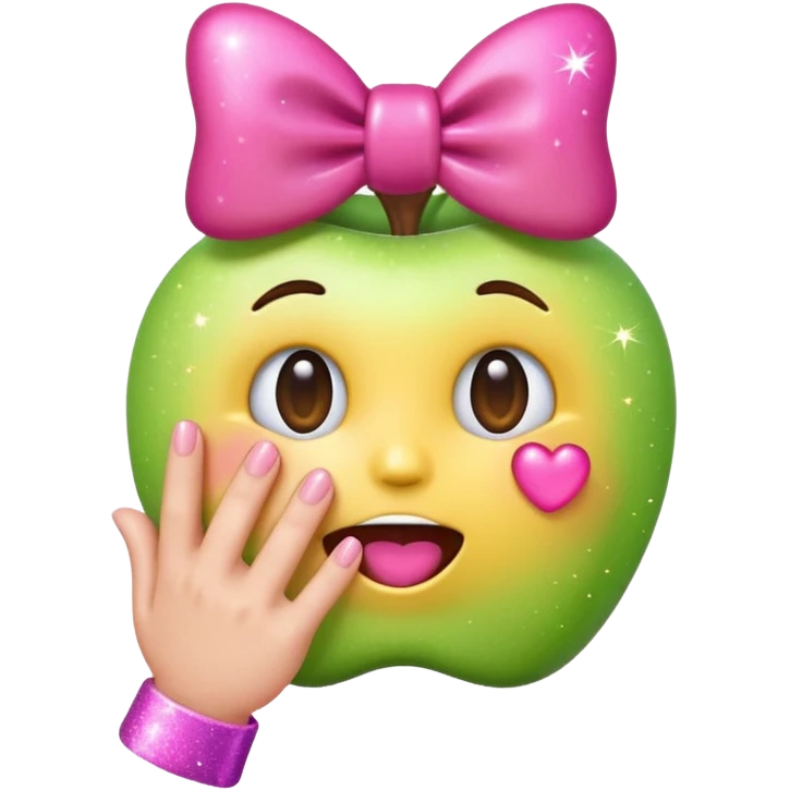 emoji combining pleading face, hand over mouth, pink bow, and sparkles in Apple emoji style, glossy, rounded, simple, expressive, smooth gradients, soft shadows, clean minimal look, shiny 3D-like finish, clear bold features, vibrant, subtle gloss effect emoji