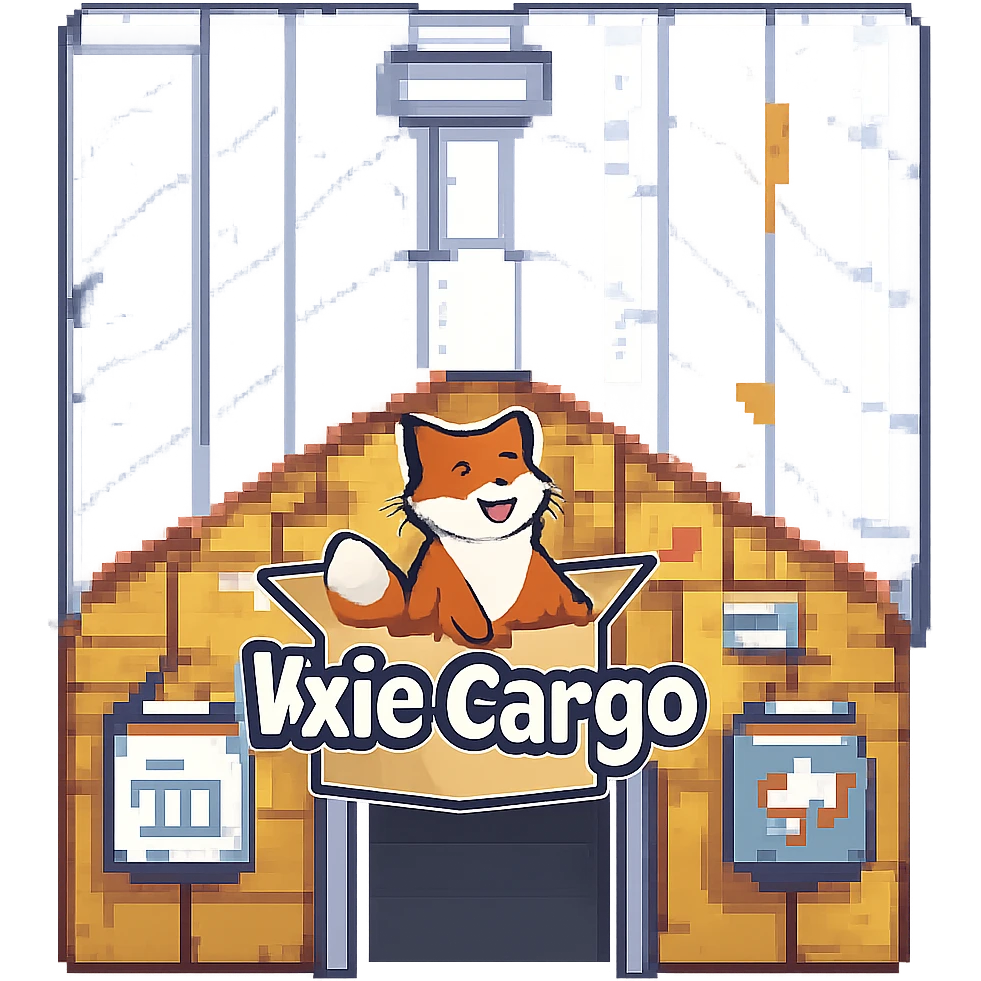 Add the Vixie Cargo company logo to the front of the parcel warehouse building emoji in pixel art style, with no background. emoji