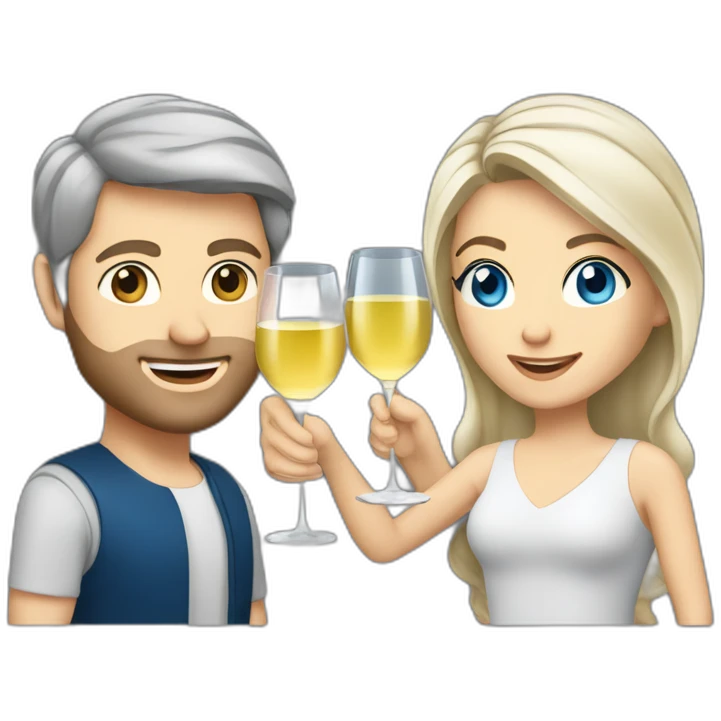 caucasian woman with brown eyes and blond medium long hair and a caucasian man with blue eyes and grey hair, toasting with a glass of white wine emoji