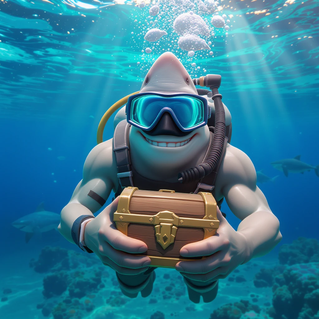 portrait, closeup, 3D, symmetrical, fortnite art style, diver holding chest underwater, happy shark swiming around him, blue crystal water, sunny day emoji