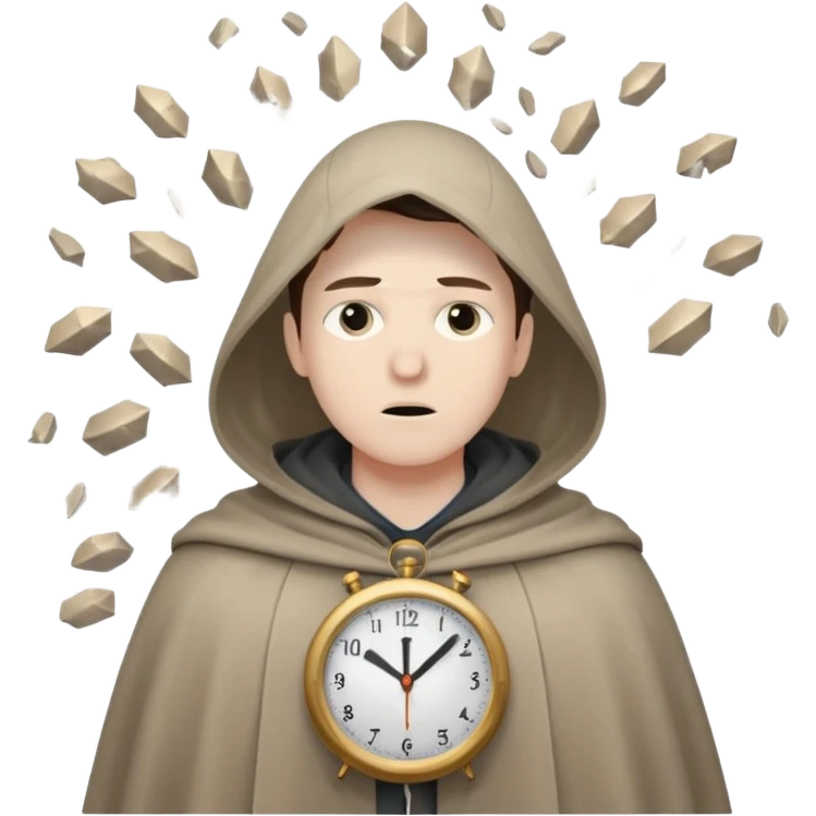 Character standing calm while clock fragments explode past, cloak barely moving emoji