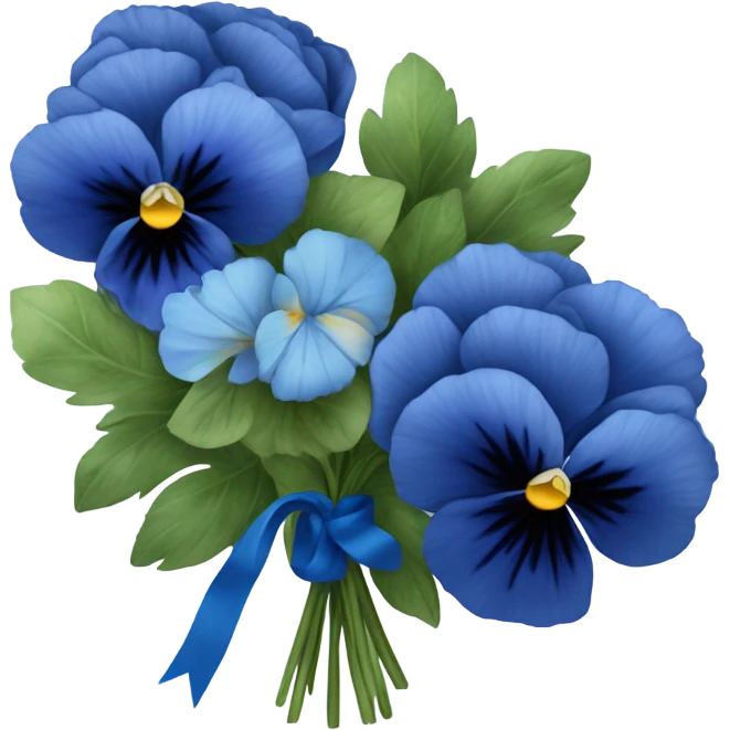 Bouquet composed of blue pansies, navy blue peonies tied with a blue ribbon and in the background navy blue butterflies and blue stars  emoji