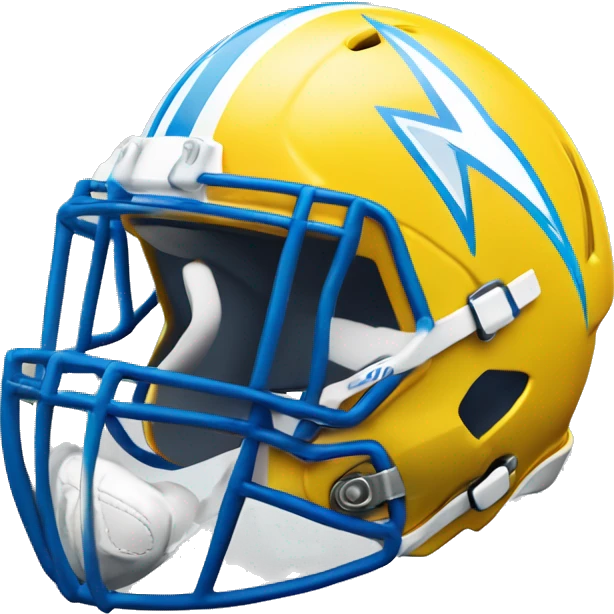 A man with a white football helmet with a blue stripe down the middle of the helmet and a yellow lightning bolt on the side of the helmet he also is wearing a jersey that says Los Angeles chargers on the front that is light blue and yellow and white emoji