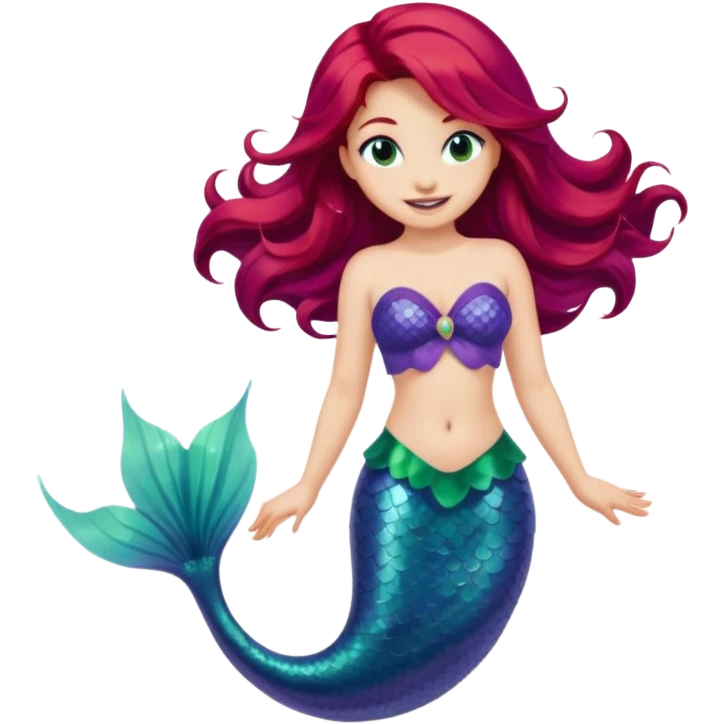 Ariel from Disney's The Little Mermaid, smiling, with flowing red hair, purple seashell top, and green mermaid tail, apple-style emoji art emoji