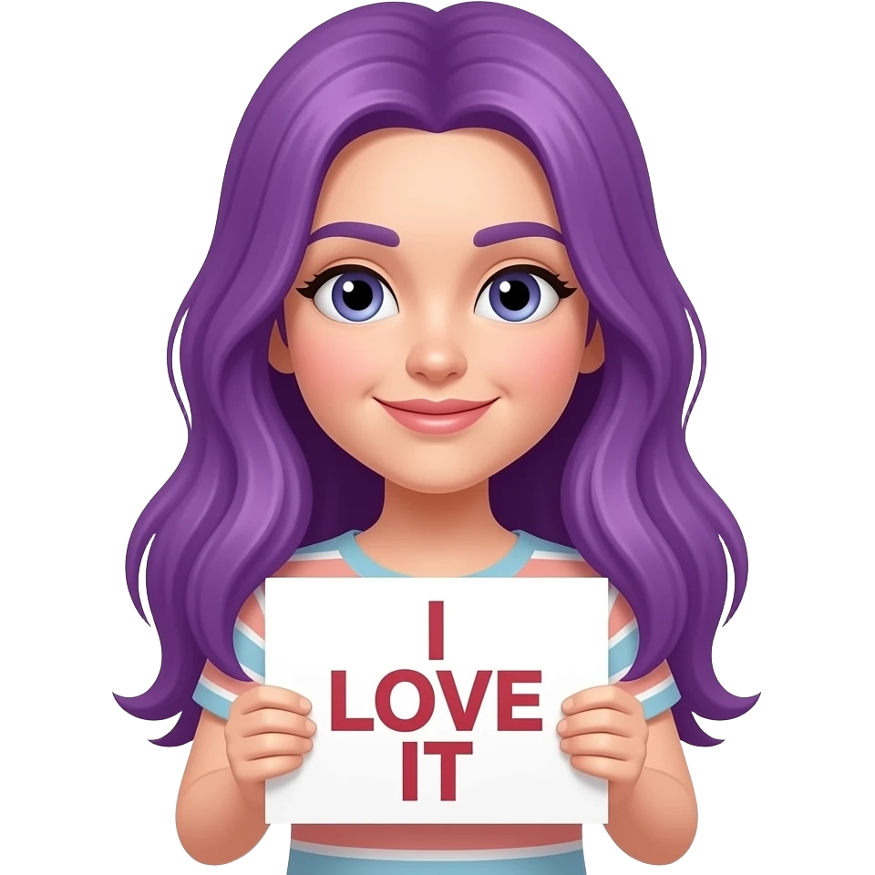 girl with long purple hair holding a I LOVE IT sign emoji