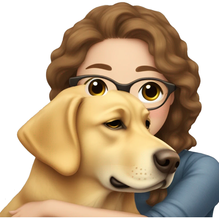 Golden Labrador retriever cuddles with a girl with brown  hair, glasses,  Lush eyelashes and a nose piercing emoji