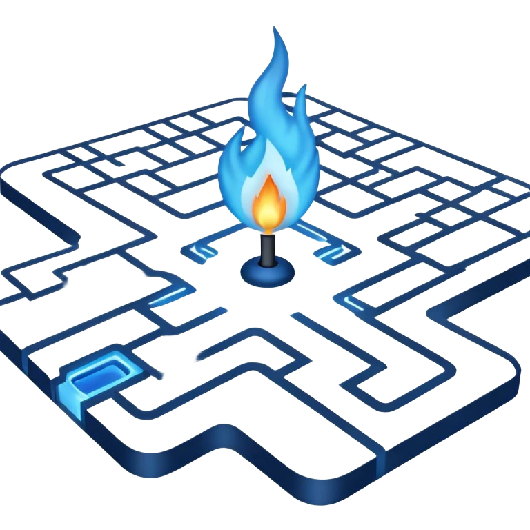 a map with a glowing blue flame on the x and networking paths emoji