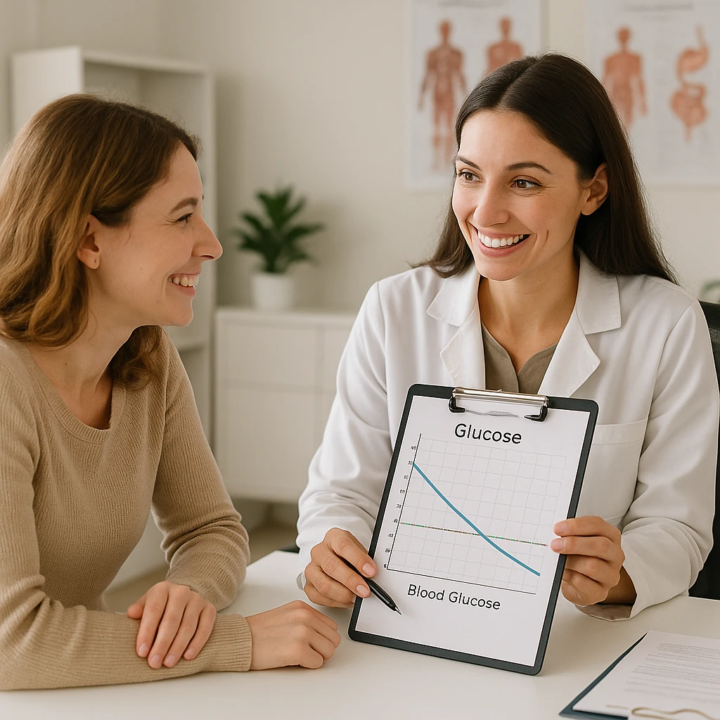 woman consulting a nutritionist, both smiling, nutritionist showing a graph of improving blood glucose, supportive atmosphere, realistic details, medical office background emoji